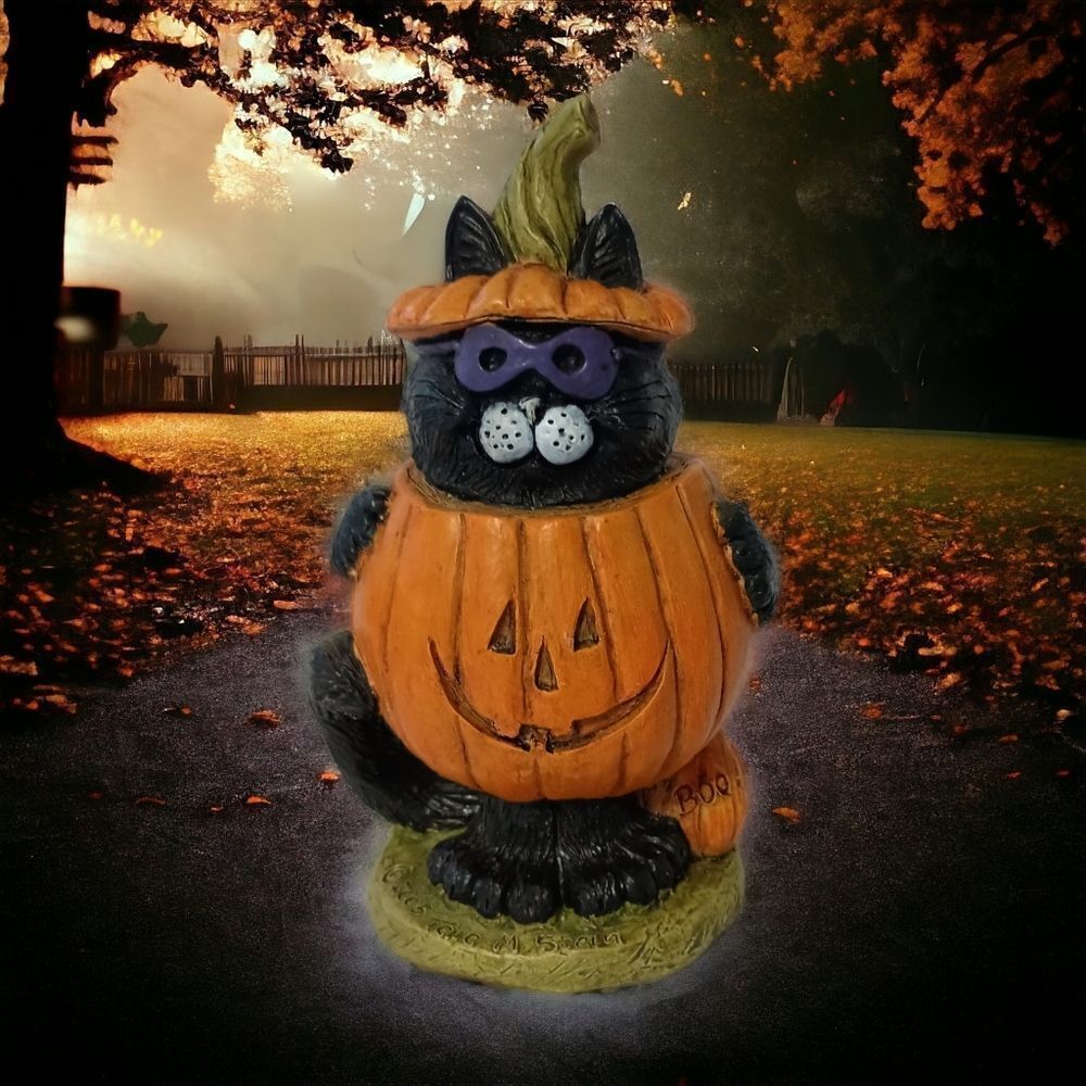 Stone Bunny Inc Black Cat In A Pumpkin Telle M‎ Stein Halloween Figure Vintage.